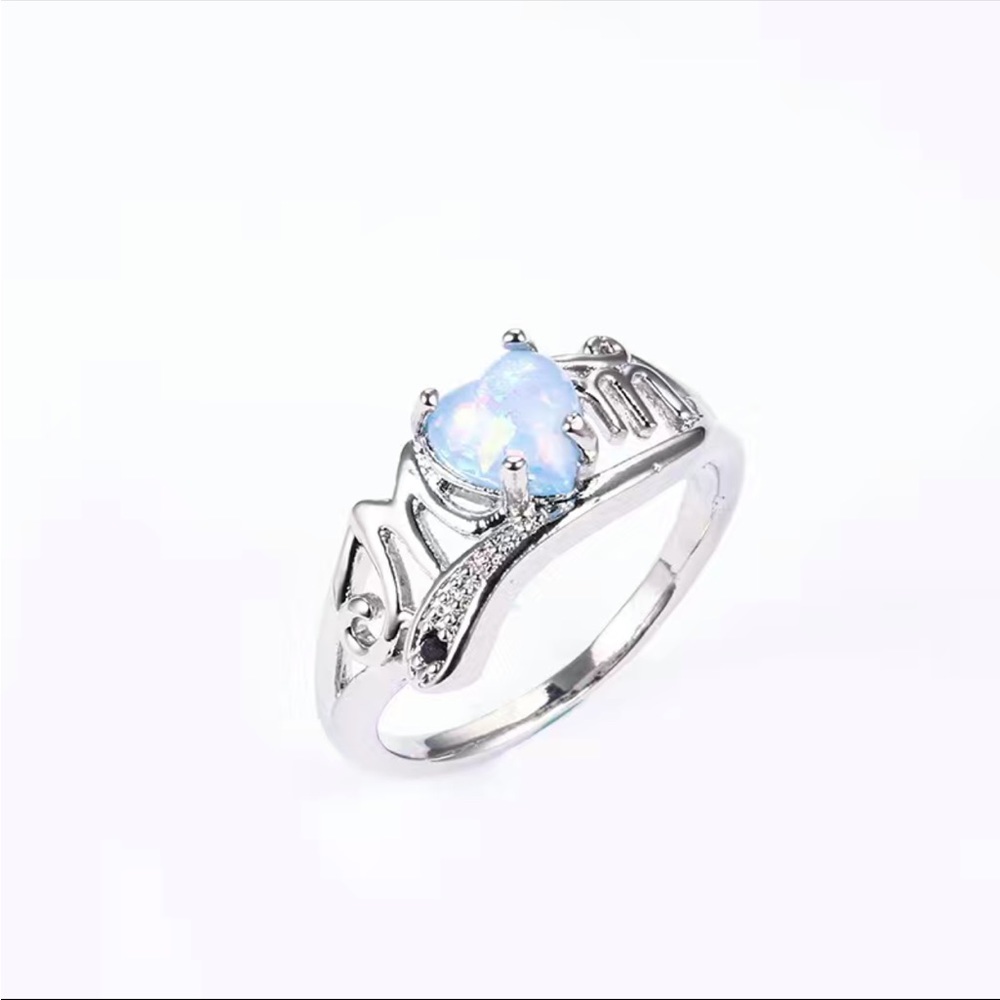 New 925 Silver MOM Delicate Opal Heart With MOM Letter Sweet Finger Ring - Picture 2 of 7